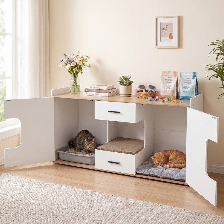 Wooden Hidden Cat House Cabinet with Wide Countertop 2 Drawers and 2 Doors
