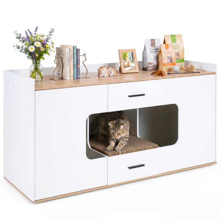 Wooden Hidden Cat House Cabinet with Wide Countertop 2 Drawers and 2 Doors