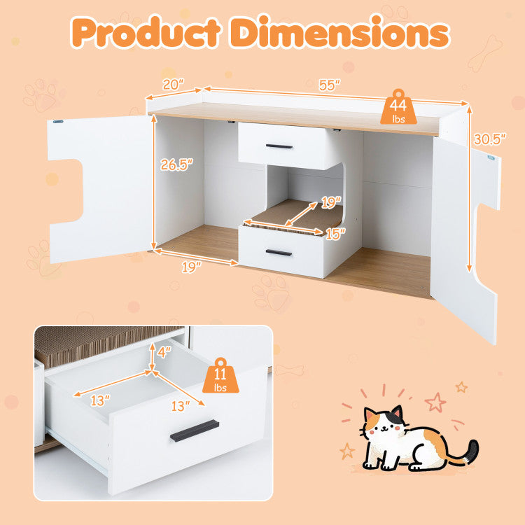 Wooden Hidden Cat House Cabinet with Wide Countertop 2 Drawers and 2 Doors