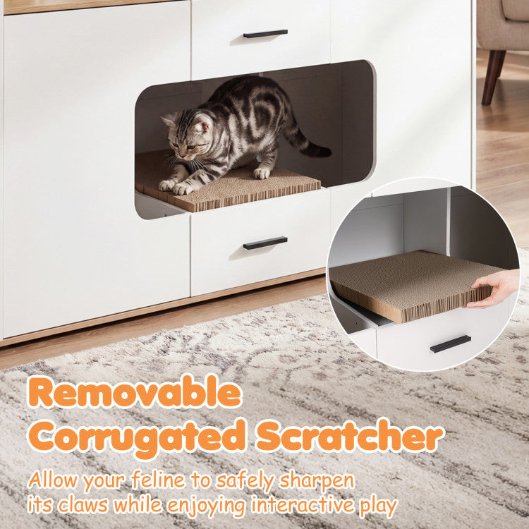 Wooden Hidden Cat House Cabinet with Wide Countertop 2 Drawers and 2 Doors