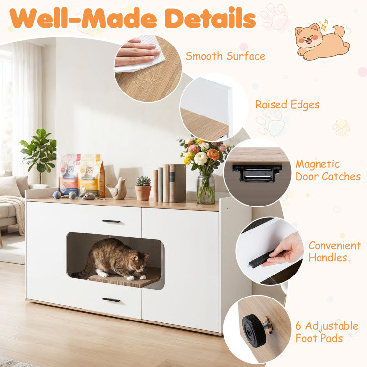 Wooden Hidden Cat House Cabinet with Wide Countertop 2 Drawers and 2 Doors