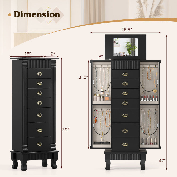 Wooden Jewelry Armoire Cabinet Storage Chest with Drawers and Swing Doors