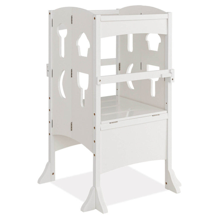 Folding Wooden Step Stool with Lockable Safety Rail for Toddler 3+