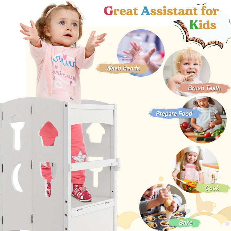 Folding Wooden Step Stool with Lockable Safety Rail for Toddler 3+