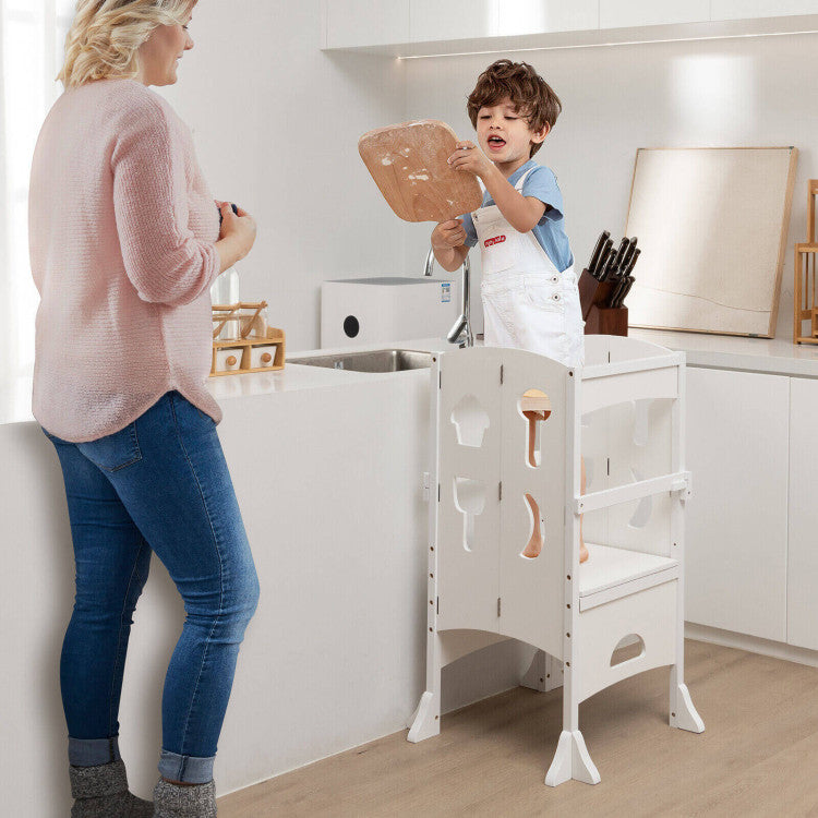 Folding Wooden Step Stool with Lockable Safety Rail for Toddler 3+