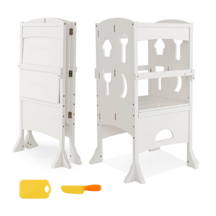 Folding Wooden Step Stool with Lockable Safety Rail for Toddler 3+