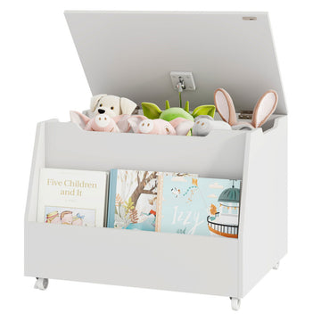 Wooden Mobile Toy Storage Organizer with Bookshelf and Lockable Wheels