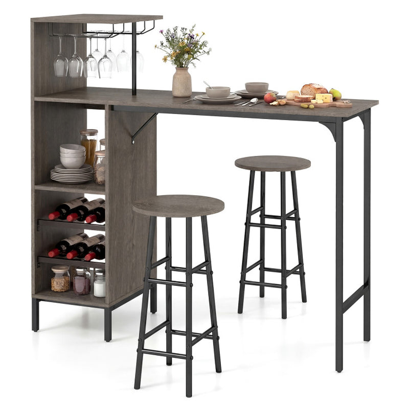 3 Piece Bar Table and Chairs Set with 6-Bottle Wine Rack