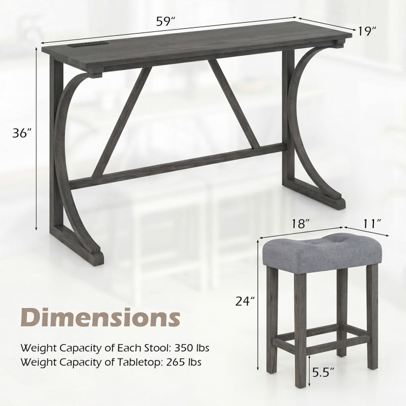 4-Piece Bar Table Set with Power Outlet and Upholstered Saddle Seat Stools