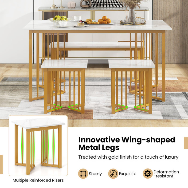 4 Piece Dining Table Set with Bench and 2 Stools