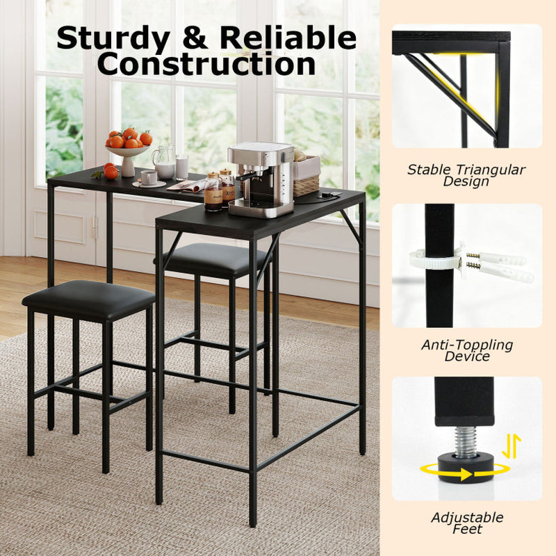 3-Piece Convertible L-Shaped Kitchen Table Chair Set with 2 AC Outlets USB Port and Type-C Port