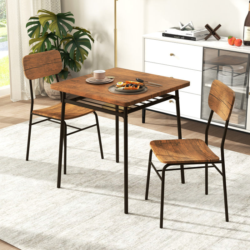 3 Pieces Dining Table Set for 2 Wood Square Table with Metal Frame