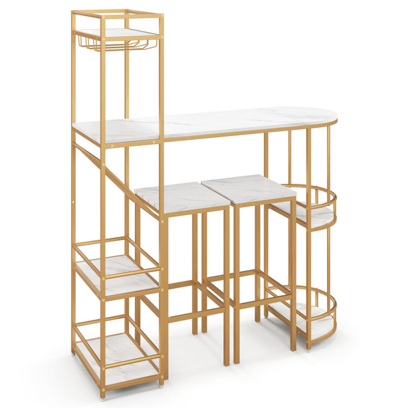 3 Pieces Bar Table Set with Storage Shelves and Wine Rack