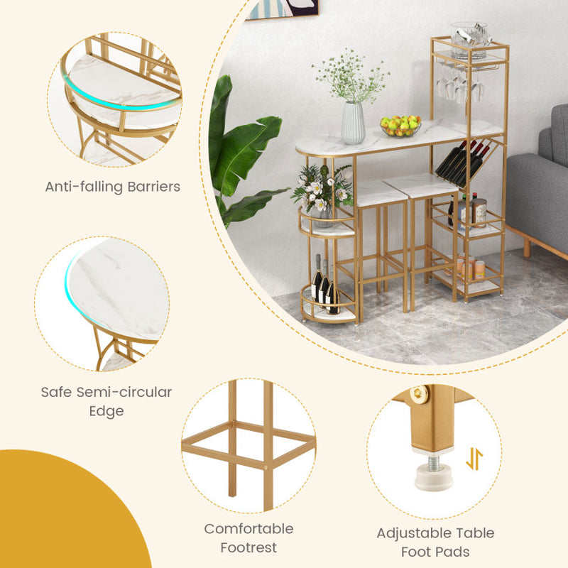 3 Pieces Bar Table Set with Storage Shelves and Wine Rack