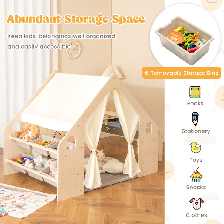 6-in-1 Kids Play Tent Playhouse with Blackboard 6 Storage Bins and Floor Cushion