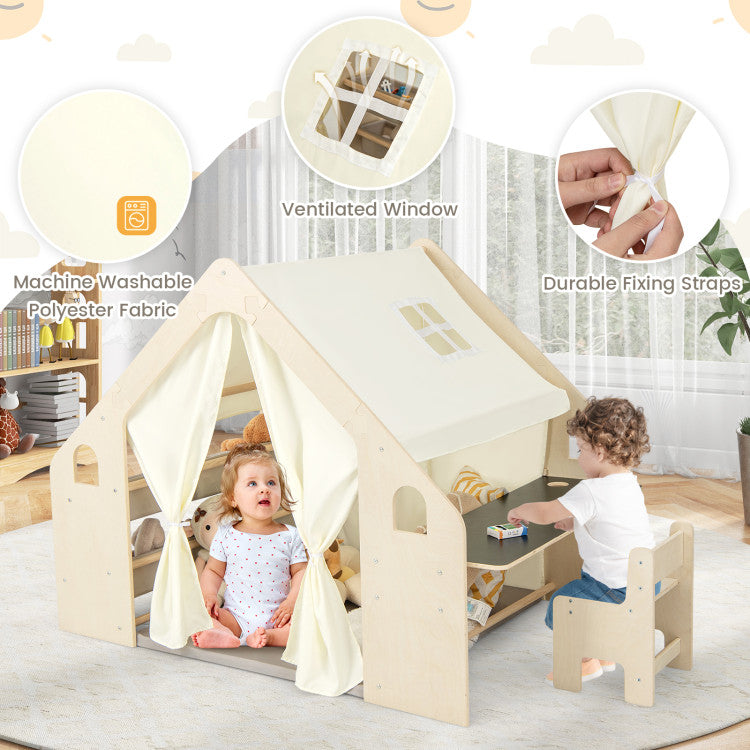 6-in-1 Kids Play Tent Playhouse with Blackboard 6 Storage Bins and Floor Cushion