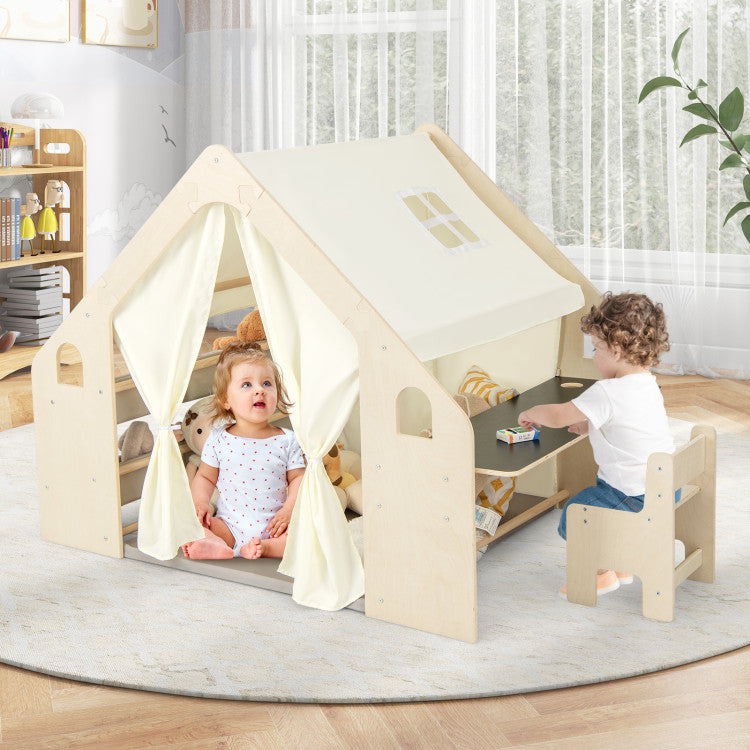 6-in-1 Kids Play Tent Playhouse with Blackboard 6 Storage Bins and Floor Cushion