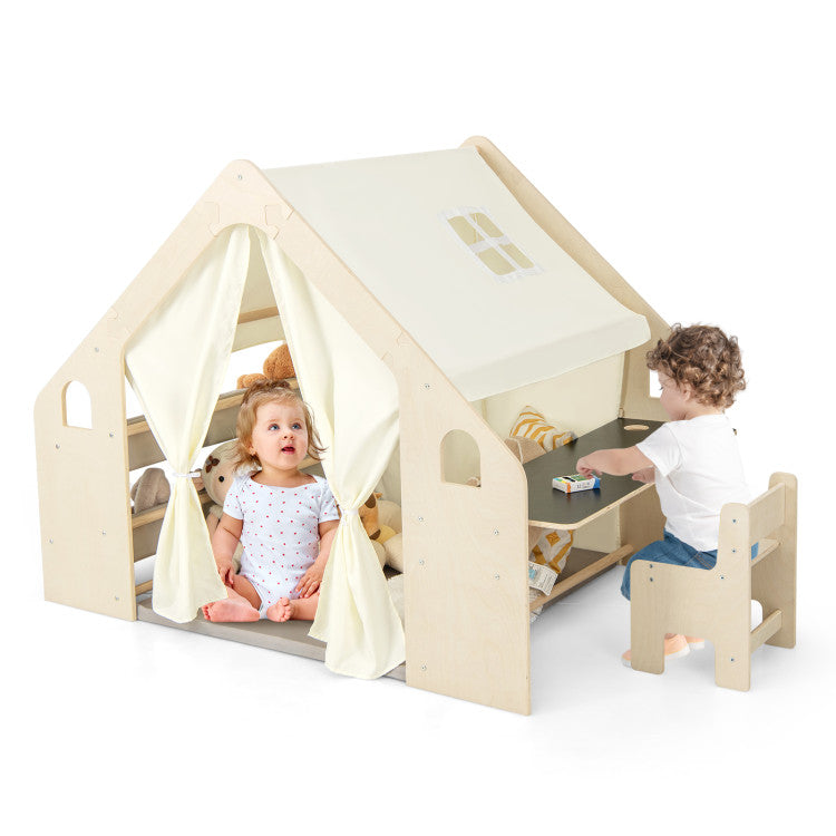 6-in-1 Kids Play Tent Playhouse with Blackboard 6 Storage Bins and Floor Cushion
