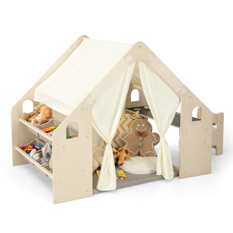 6-in-1 Kids Play Tent Playhouse with Blackboard 6 Storage Bins and Floor Cushion