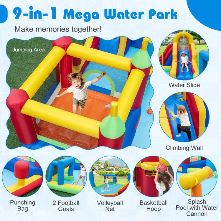 Inflatable Water Slide Bounce House 9-in-1 Jumping Castle with Climbing Wall