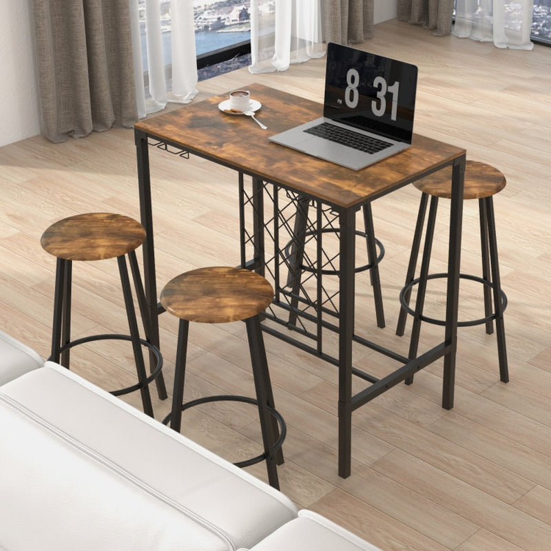 5 Pieces Bar Table and Stools Set with Wine Rack and Glass Holder