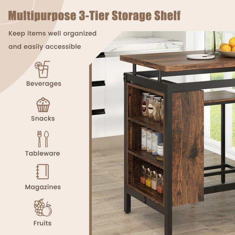 3 Pieces Dining Table Set with 3-Tier Storage Shelf and Metal Frame