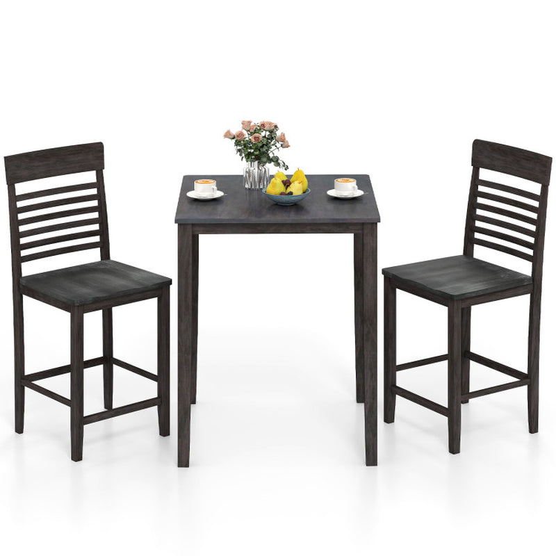 3-Piece Counter-Height Dining Table Set for 2 with Rubber Wood Frame and Footrest