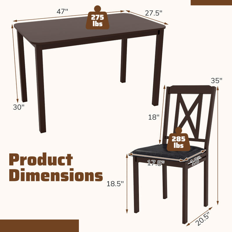 5-Piece Dining Table Set with Wide Tabletop and Rubber Wood Legs