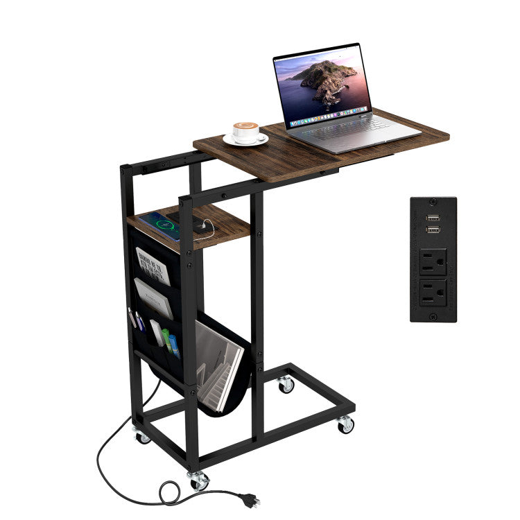 C-shaped End Table with Charging Station and Retractable Tabletop