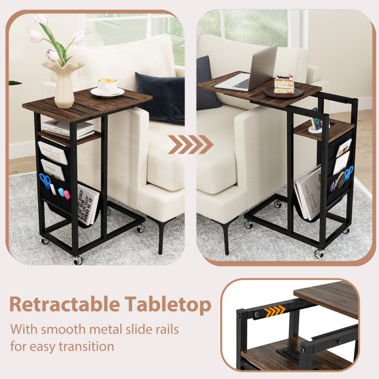C-shaped End Table with Charging Station and Retractable Tabletop