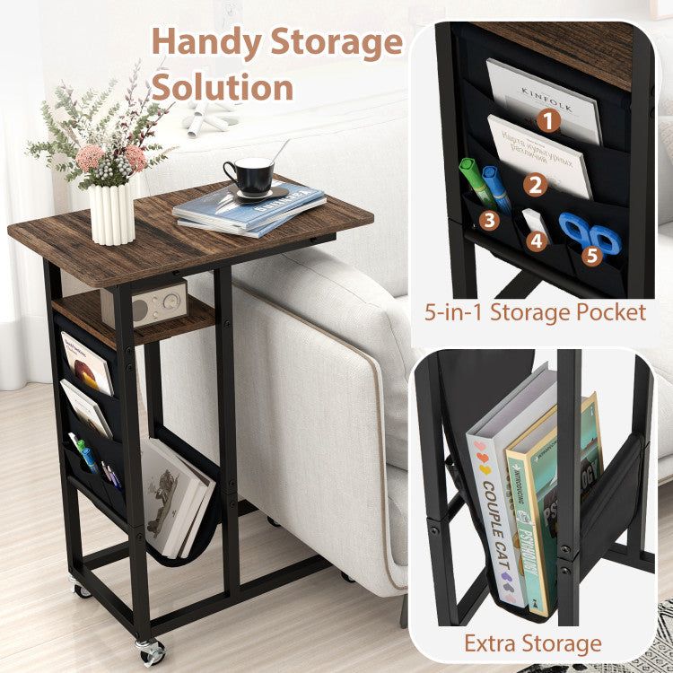 C-shaped End Table with Charging Station and Retractable Tabletop