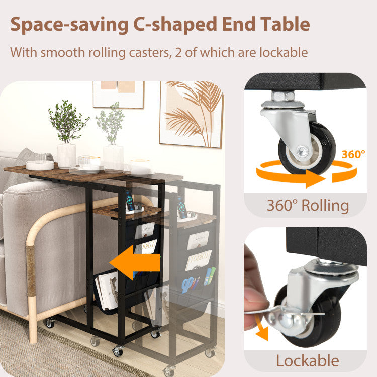 C-shaped End Table with Charging Station and Retractable Tabletop