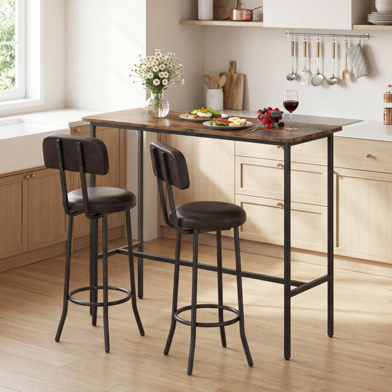 3-Piece Industrial Bar Table Set with 2 Upholstered Stools and Footrests for Dining Room