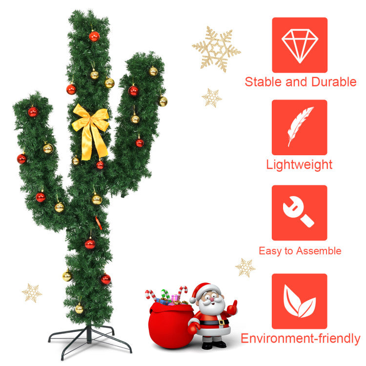 5/6/7 Feet Artificial Cactus PVC Christmas Tree with LED Lights and Ball Ornaments