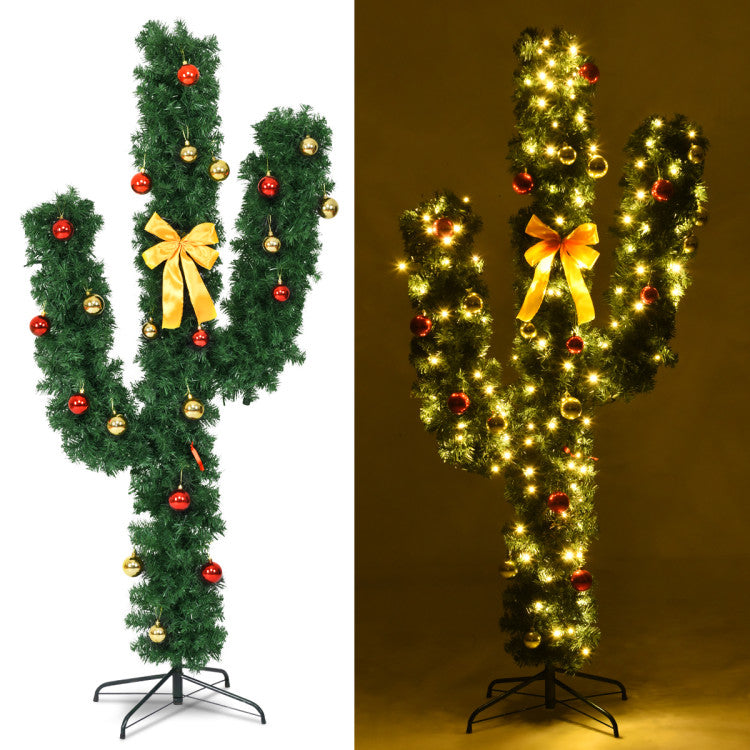 5/6/7 Feet Artificial Cactus PVC Christmas Tree with LED Lights and Ball Ornaments