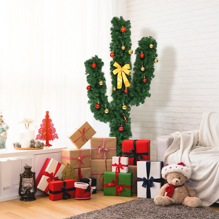 5/6/7 Feet Artificial Cactus PVC Christmas Tree with LED Lights and Ball Ornaments