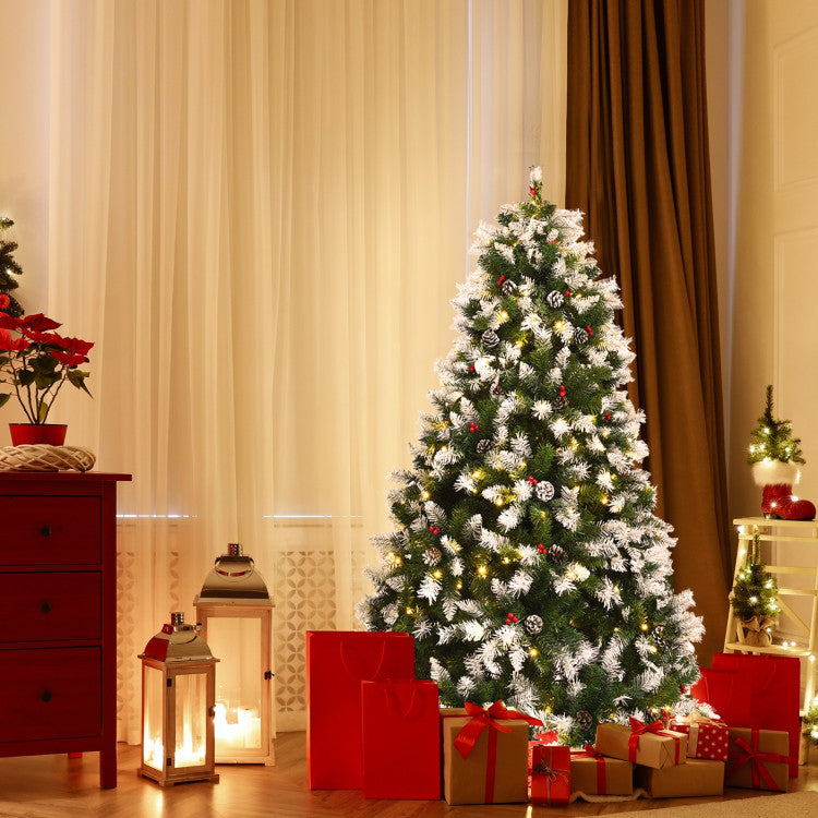 6/7.5/9 FT Pre-lit Snow Flocked Christmas Tree with Red Berries and 8 Lighting Modes