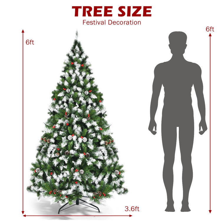 6/7.5/9 FT Pre-lit Snow Flocked Christmas Tree with Red Berries and 8 Lighting Modes