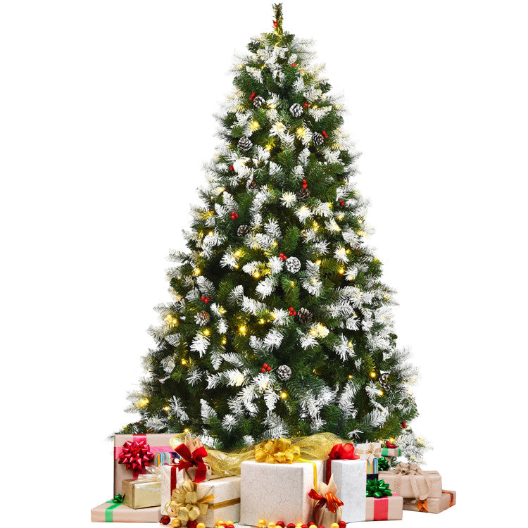 6/7.5/9 FT Pre-lit Snow Flocked Christmas Tree with Red Berries and 8 Lighting Modes