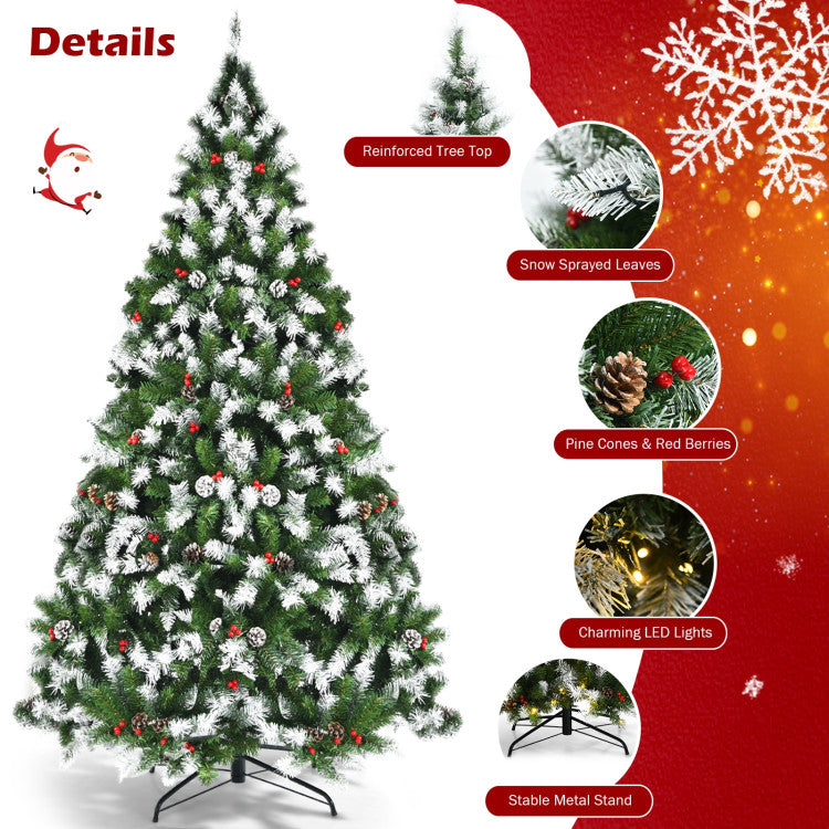 6/7.5/9 FT Pre-lit Snow Flocked Christmas Tree with Red Berries and 8 Lighting Modes