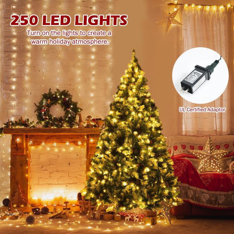 6/7.5/9 FT Pre-lit Snow Flocked Christmas Tree with Red Berries and 8 Lighting Modes