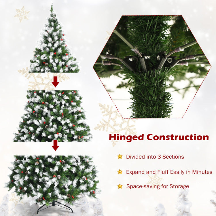 6/7.5/9 FT Pre-lit Snow Flocked Christmas Tree with Red Berries and 8 Lighting Modes