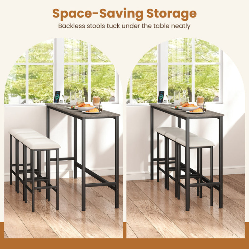 4 Pieces Counter Height Bar Table with Power Outlet with 3 Padded Stools