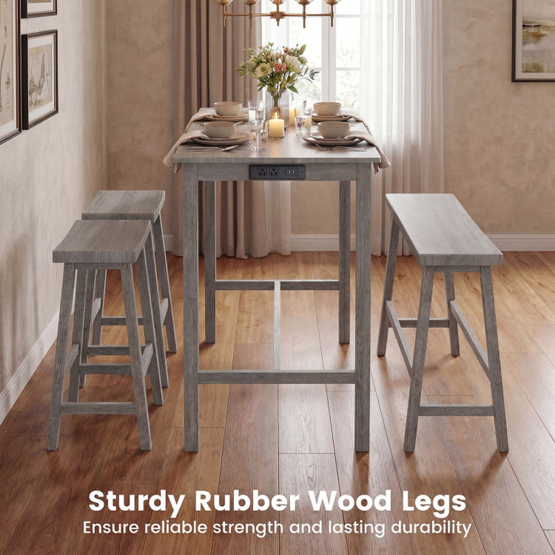 4-Piece Counter Height Dining Table Set with Power Outlet Solid Rubber Wood Kitchen Table