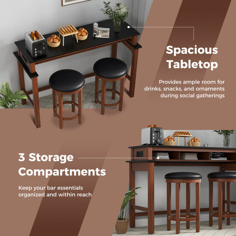 3-Piece Home Bar Set with 2 Upholstered Bar Stools, Outlets and USB Ports