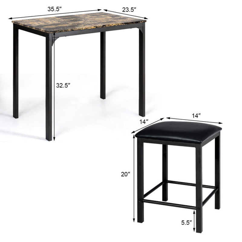 3-Piece Counter-Height Dining Table Set Rectangle Bar Table with 2 Upholstered Stools