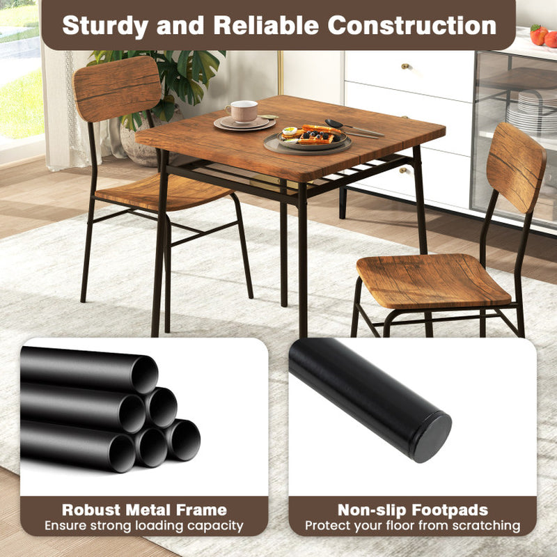 3 Pieces Dining Table Set for 2 Wood Square Table with Metal Frame