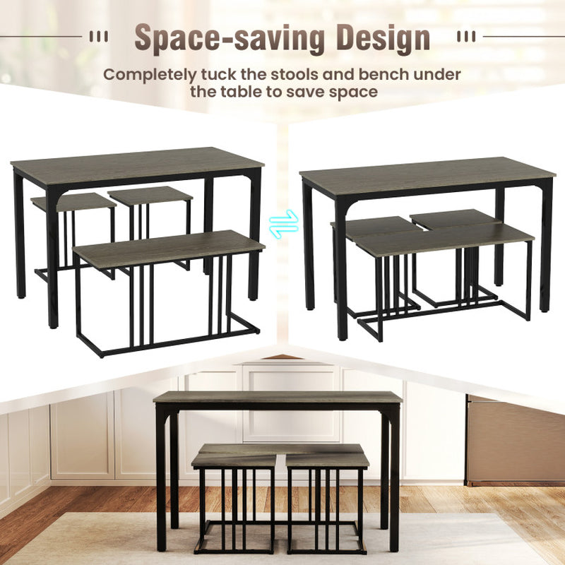 4 Pieces Space-Saving Dining Table Set with Bench and 2 Stools
