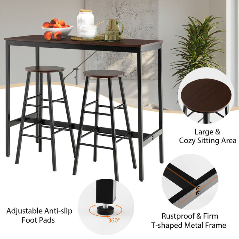3 Pieces Bar Table Set with Dining Table and 2 round Stools