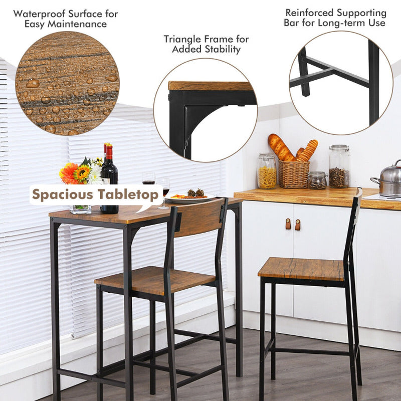 3 Pieces Bar Table Set with 2 Chairs Narrow Bar Furniture